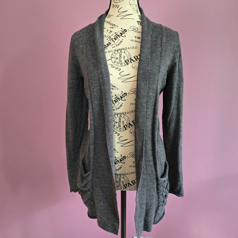 100% Merino wool grey long-sleeved open front cardigan sweater classic prep S